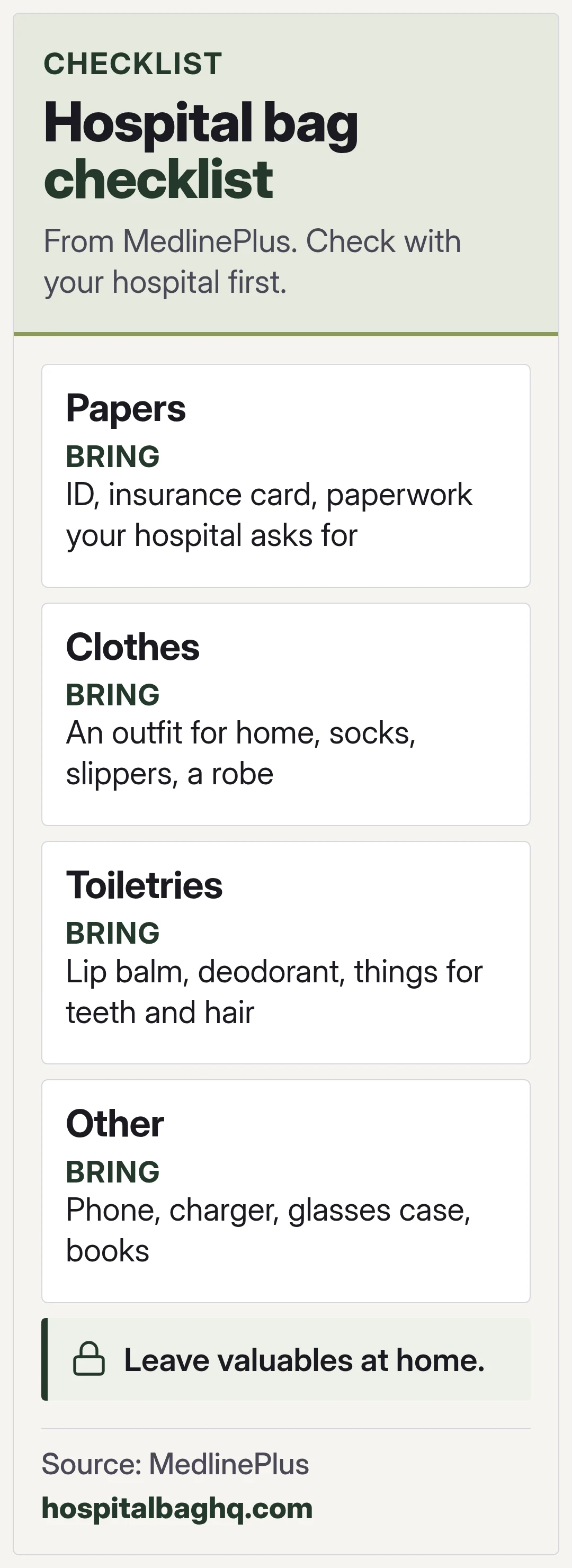 Hospital bag checklist. From MedlinePlus. Check with your hospital first.