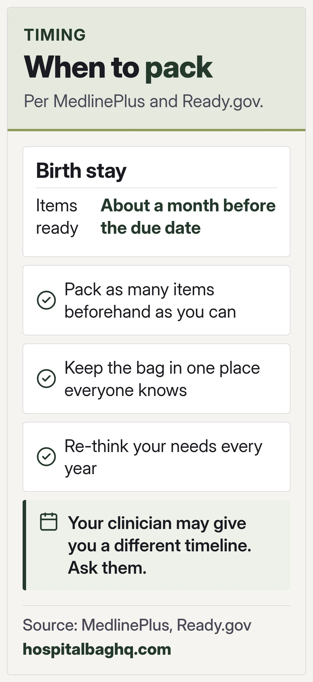 When to pack. Per MedlinePlus and Ready.gov.