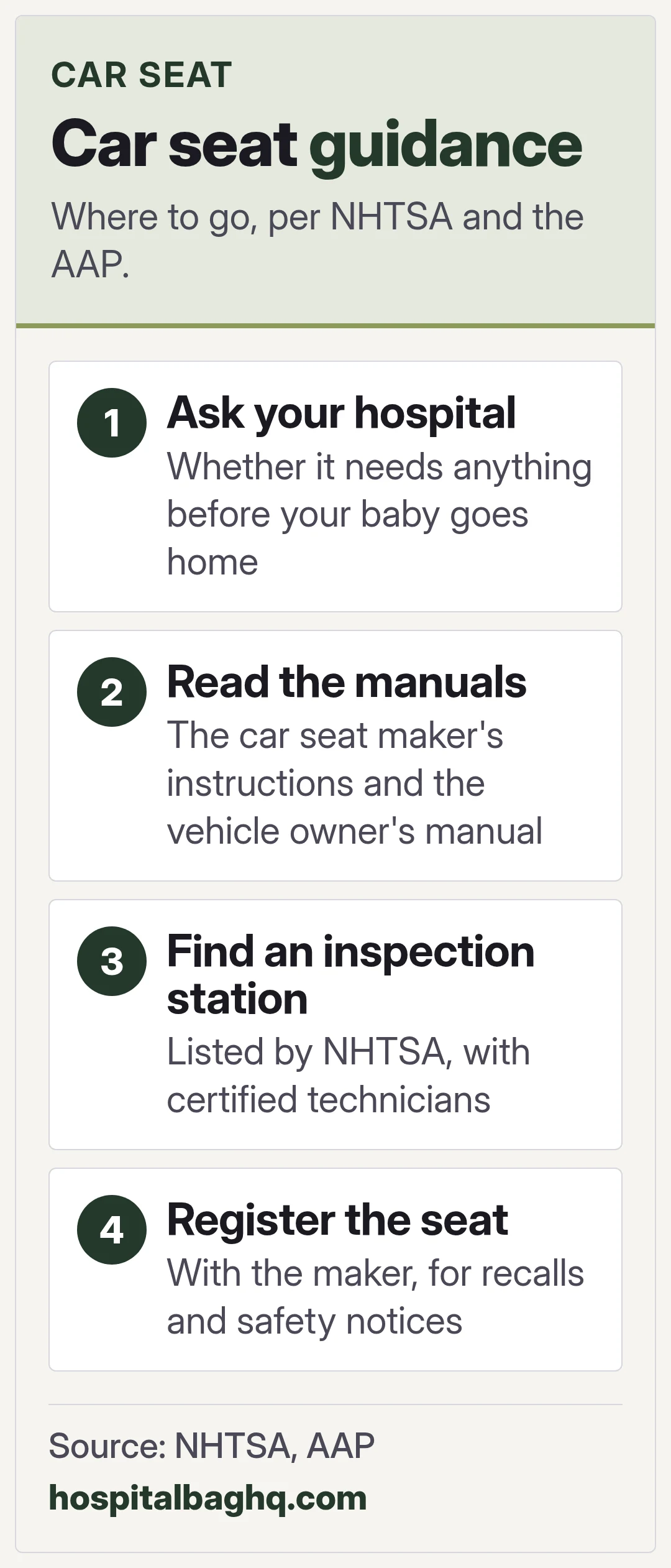 Car seat guidance. Where to go, per NHTSA and the AAP.