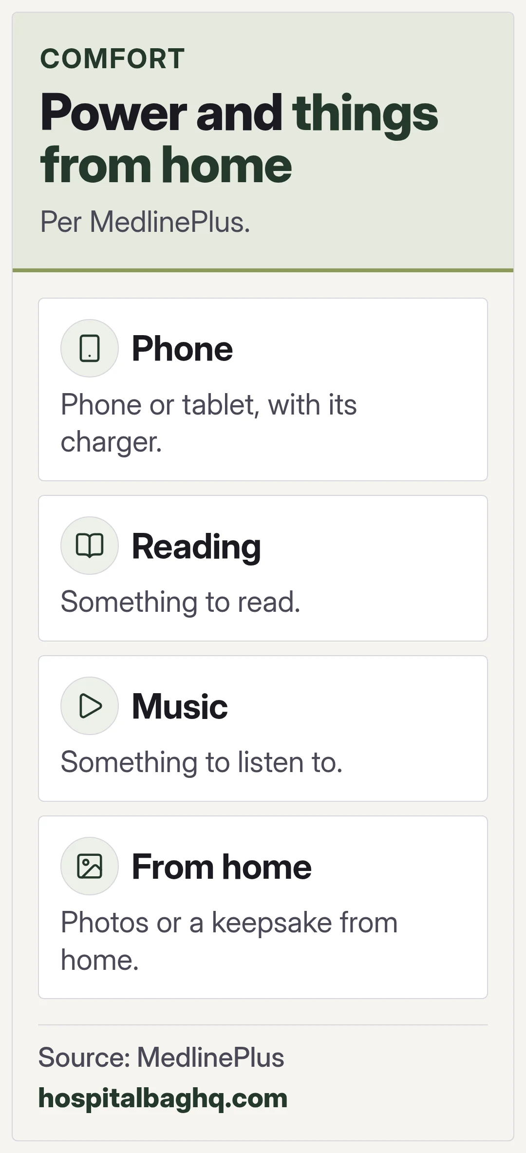 Power and things from home. Per MedlinePlus.