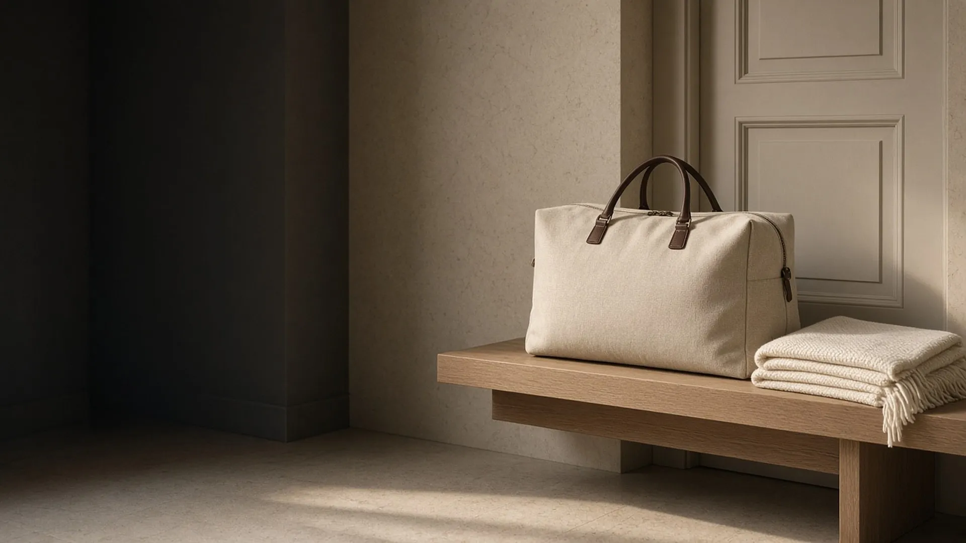 A packed oat canvas bag on an oak bench by a front door at dusk