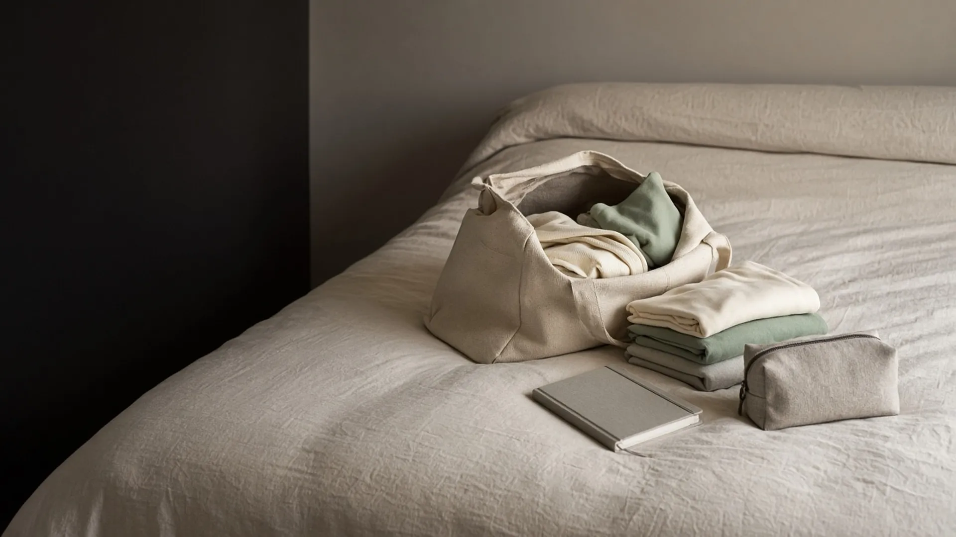 An open bag on a made bed with folded clothes, a pouch, and a notebook
