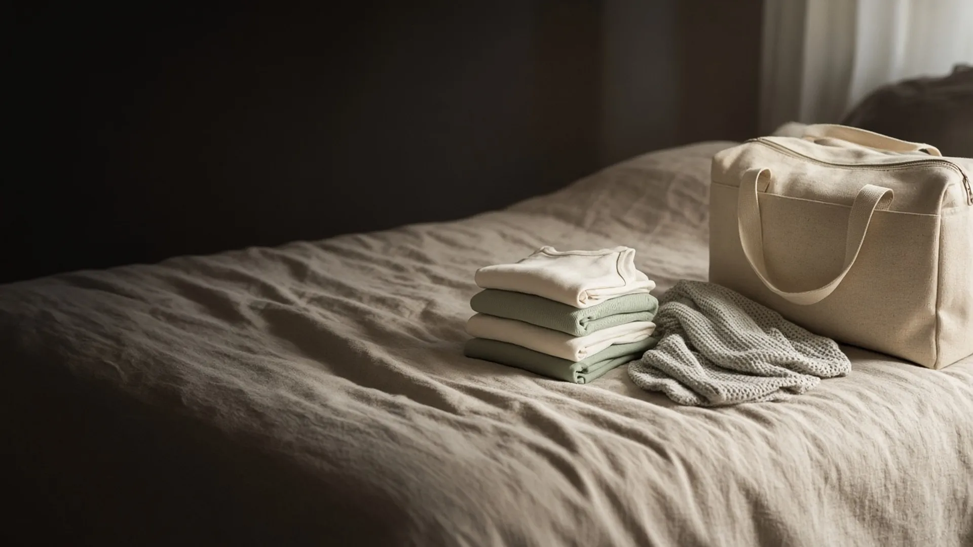 Folded cream baby clothes and a knit blanket beside a packed bag on linen