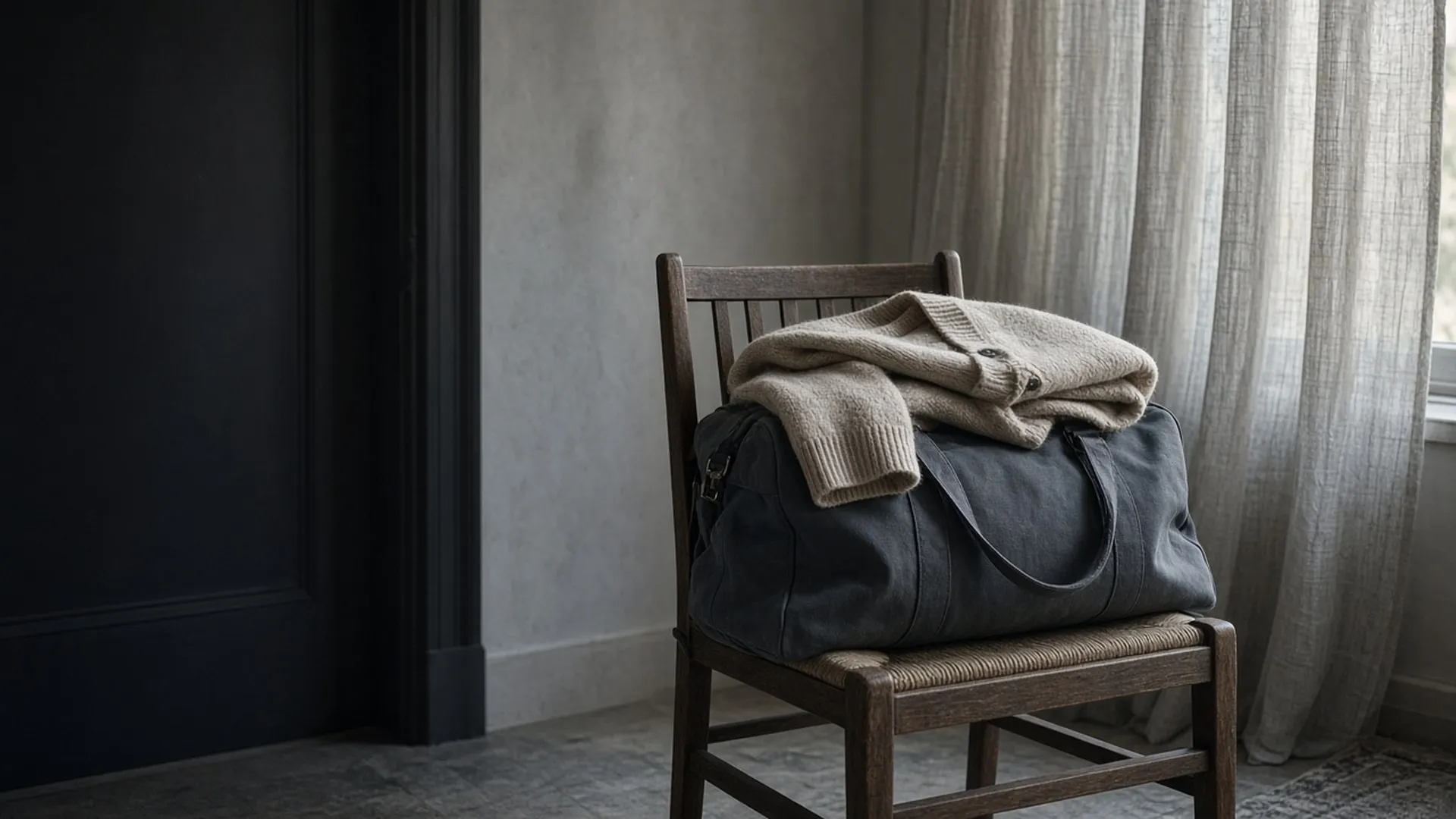 A packed grey duffel bag on a wooden chair beside a curtained window