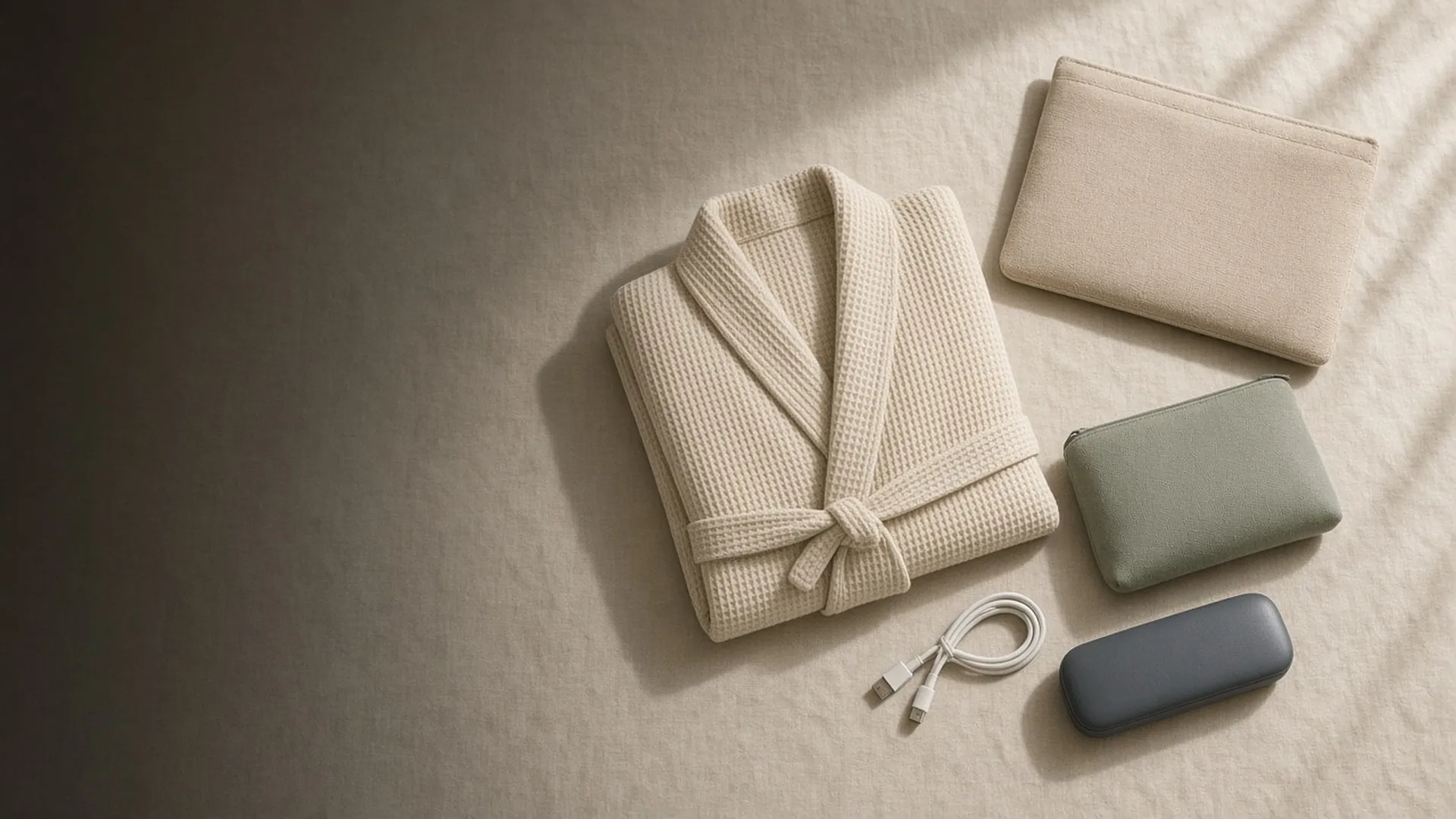A document pouch, folded robe, toiletry pouch, charging cable, and glasses case on linen