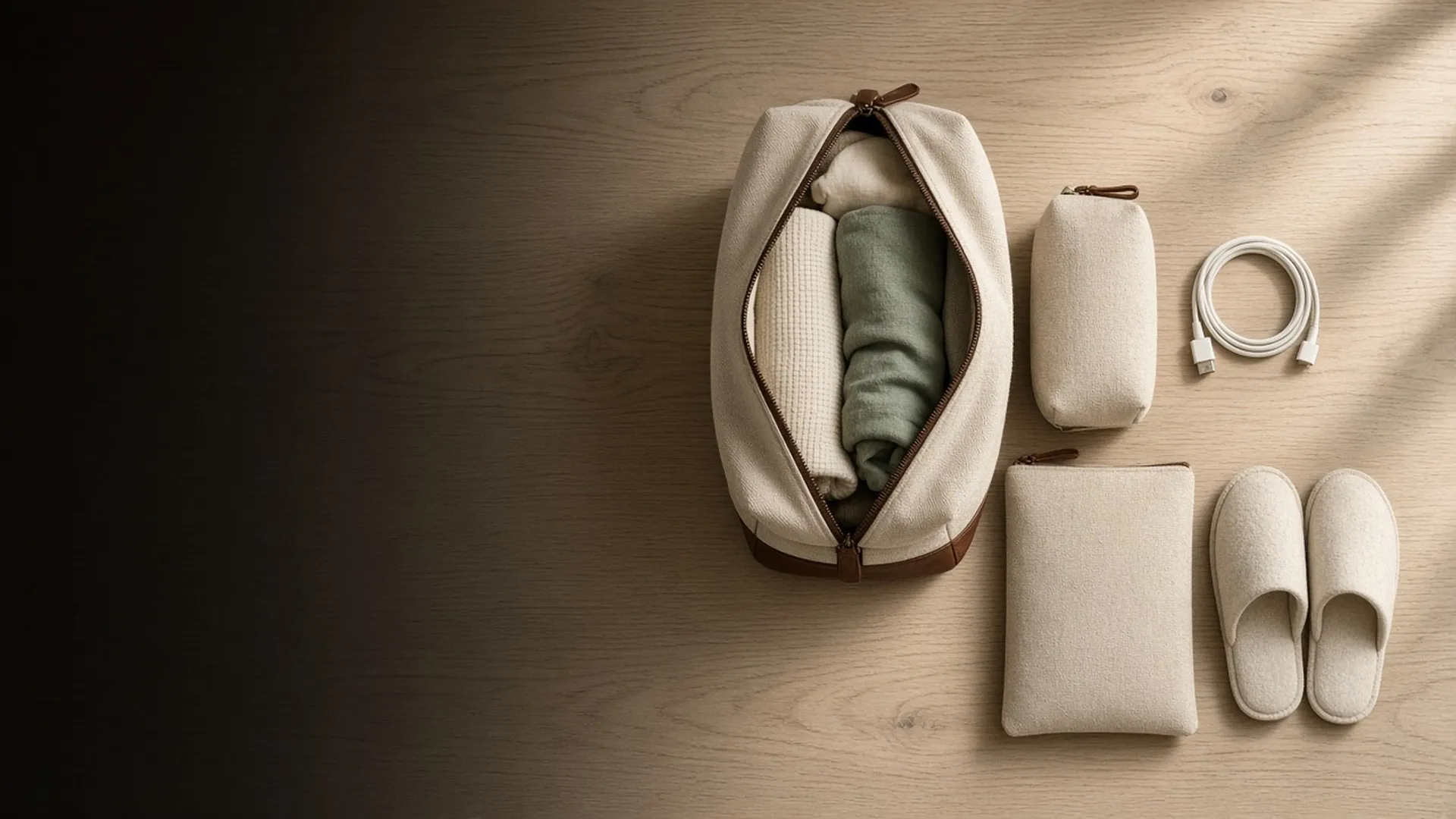 An open bag on an oak table with clothes, pouches, a charger, and slippers