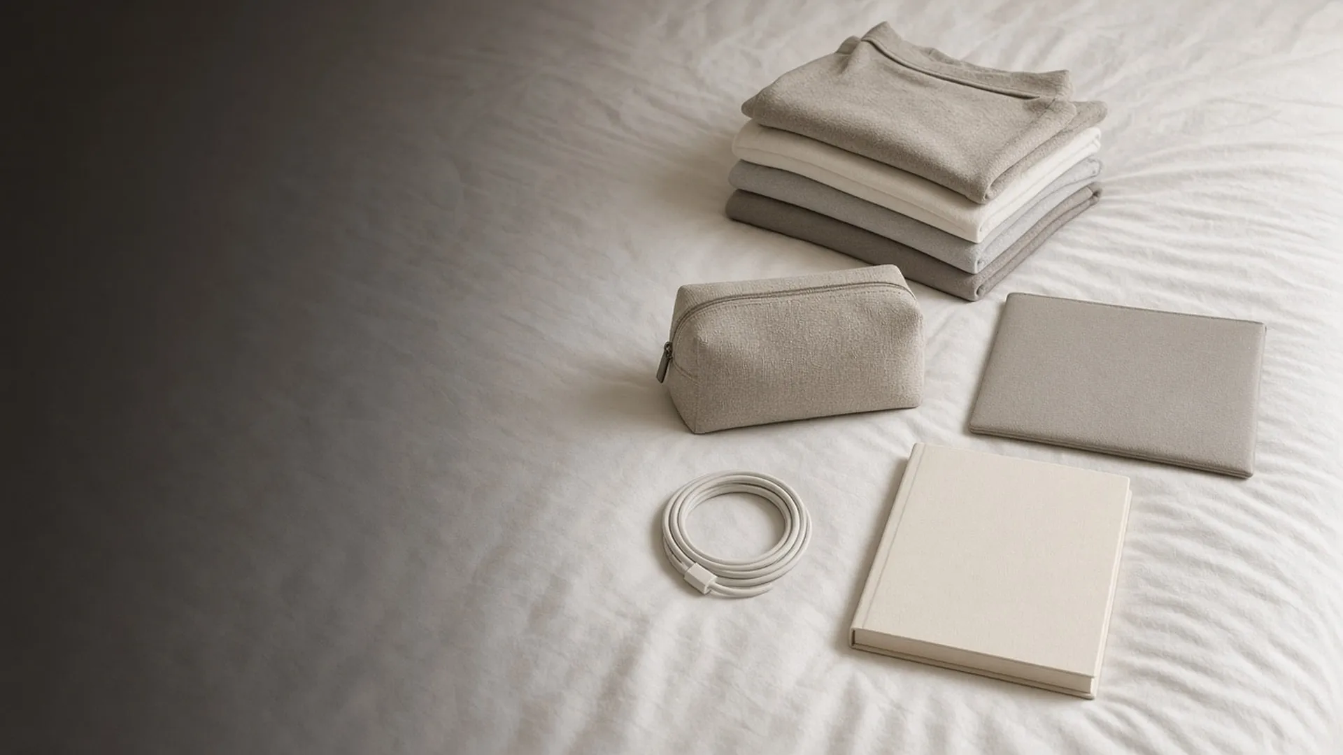 Five small groups of packing items laid out on a white bedspread in daylight