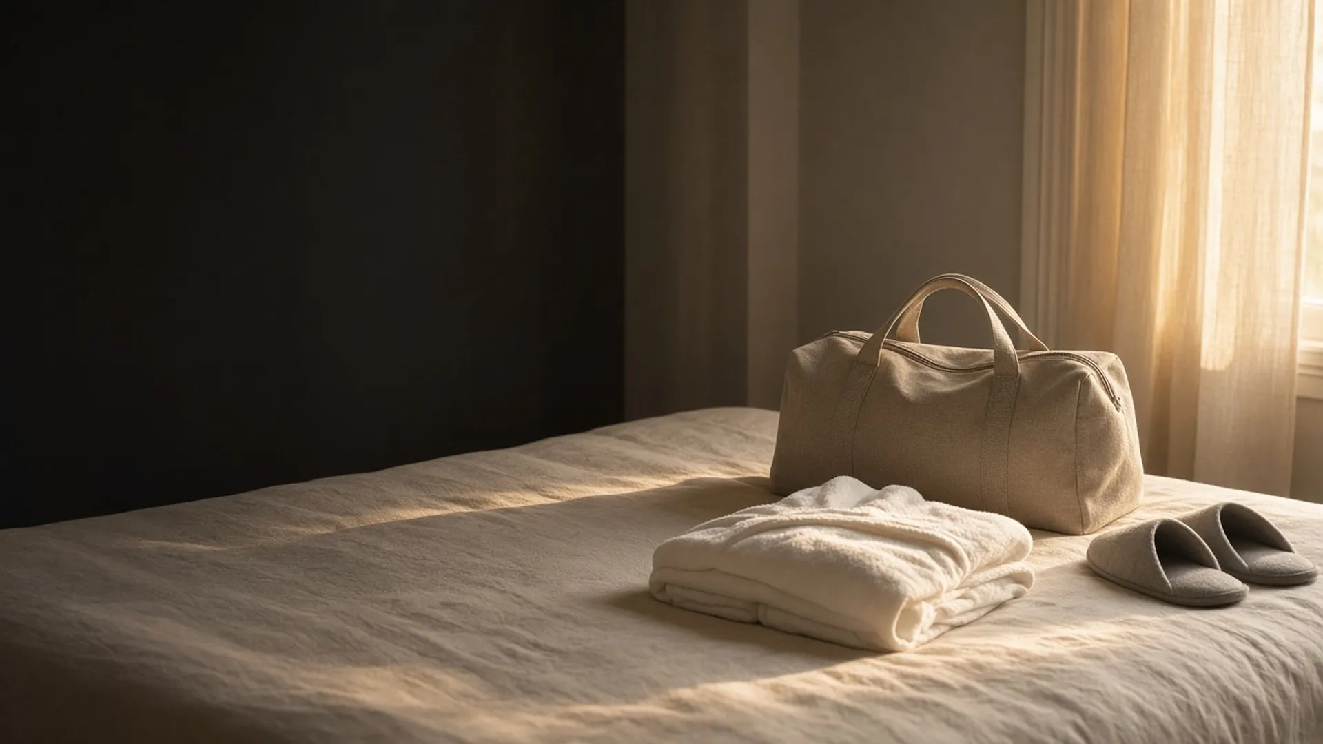 A packed oat bag with a folded robe and soft slippers on a linen bed