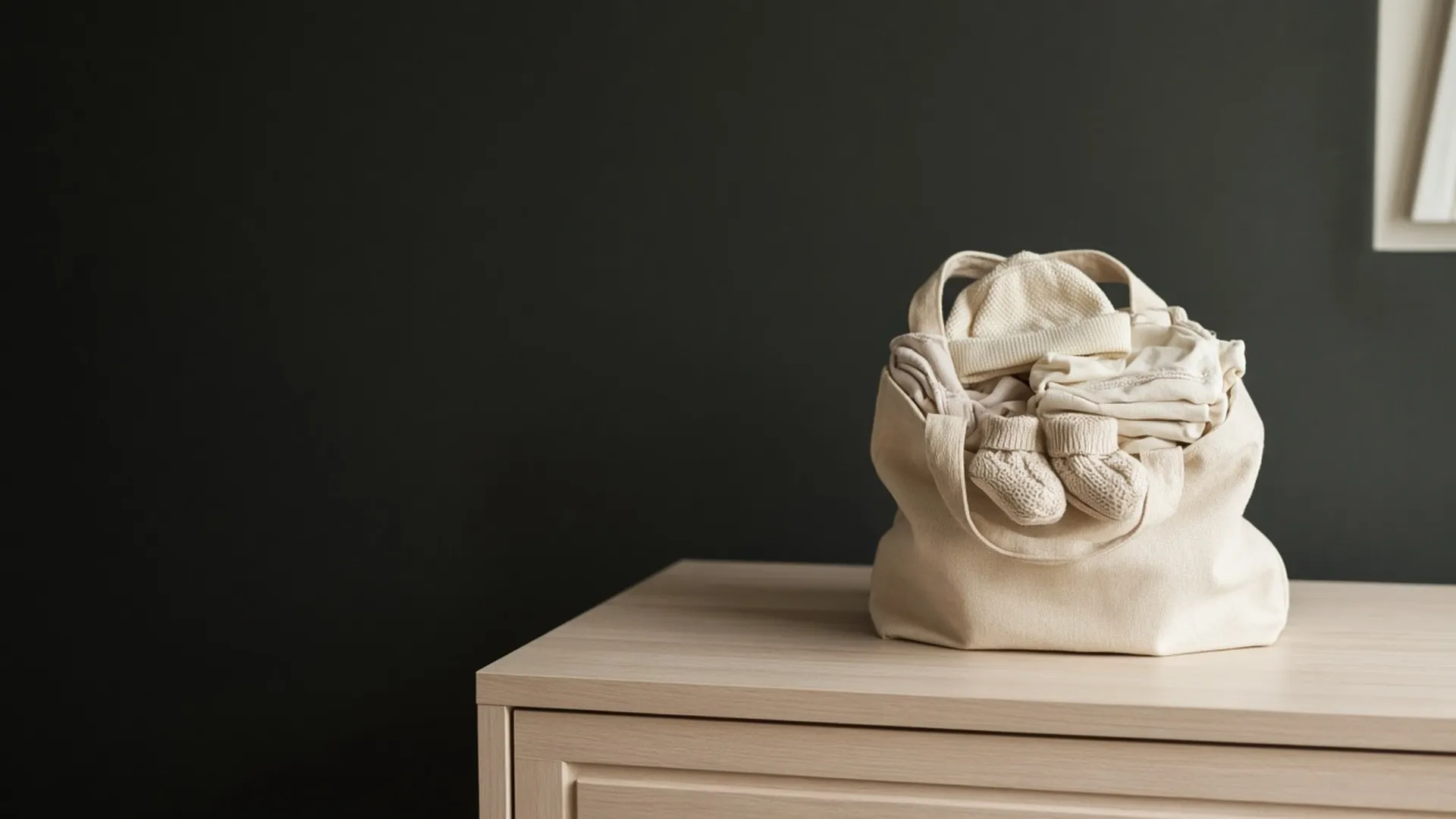 A small open bag with folded cream baby clothes, a knit hat, and socks