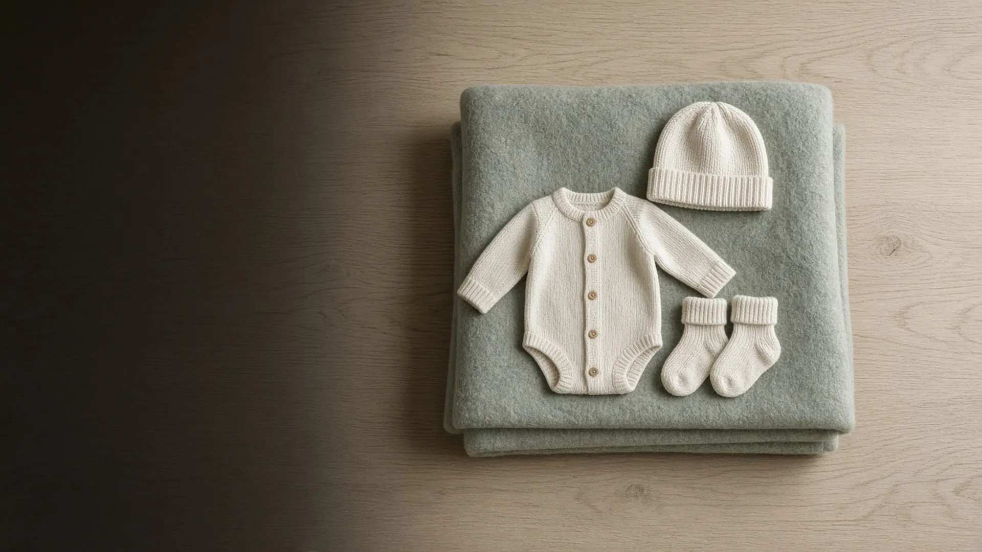 A cream baby outfit, knit hat, and small socks laid on a sage blanket