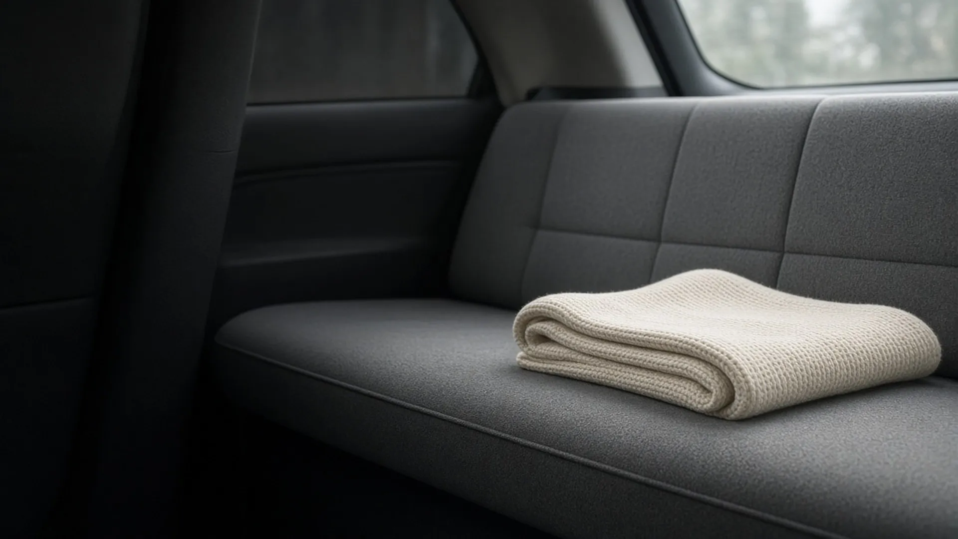 An empty car back seat with grey upholstery and a folded cream blanket