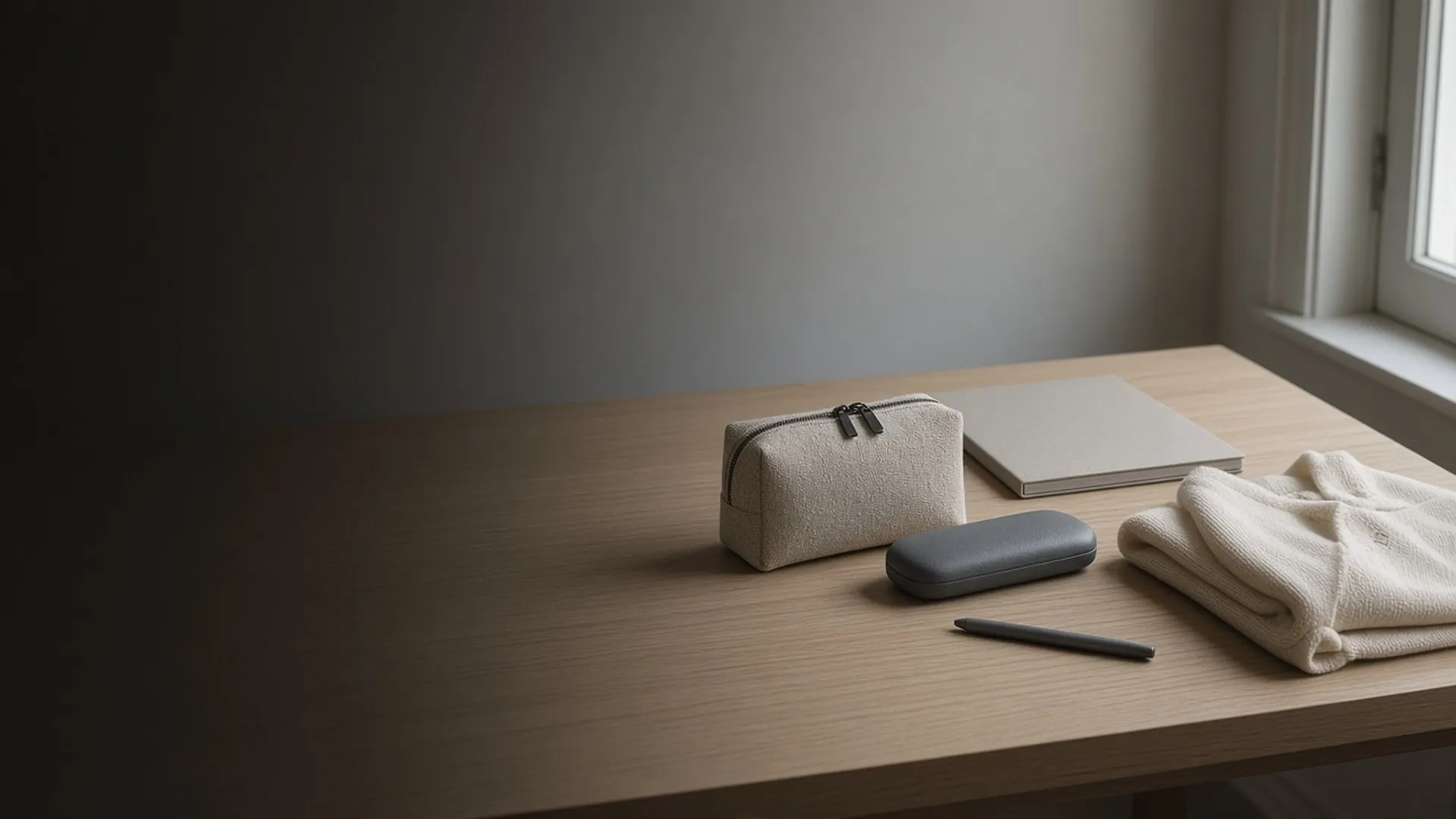 A small bag, a glasses case, a closed folder, and a cardigan on a table