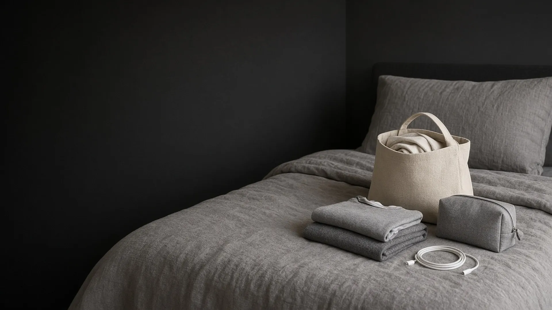 A small overnight bag on a made bed with an outfit, pouch, and charger