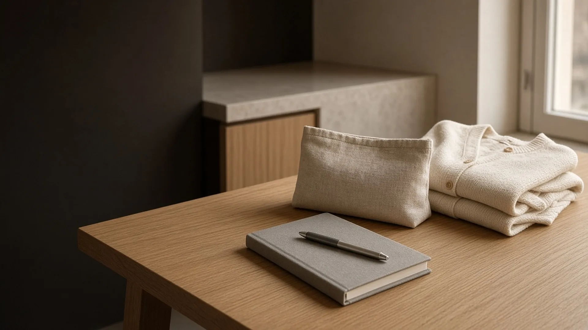 A closed notebook, a pen, a document pouch, and a cardigan on a kitchen table