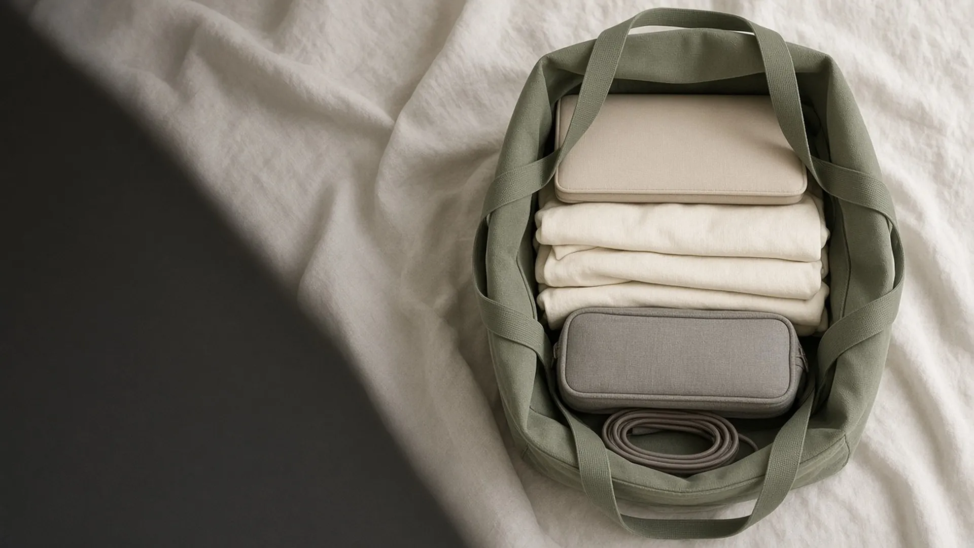 An open bag from above packed in neat sections with pouches, clothes, and a cable