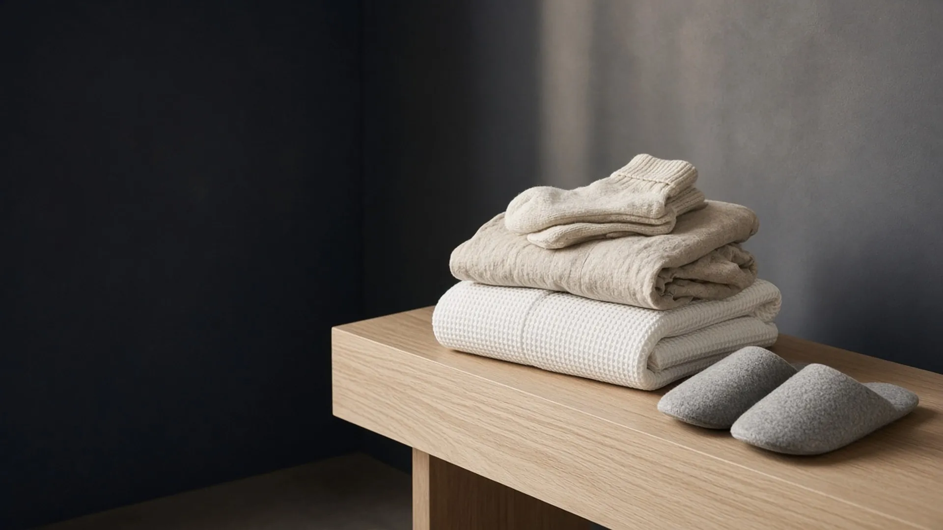 A folded robe, knit socks, plain slippers, and a loose outfit on an oak bench