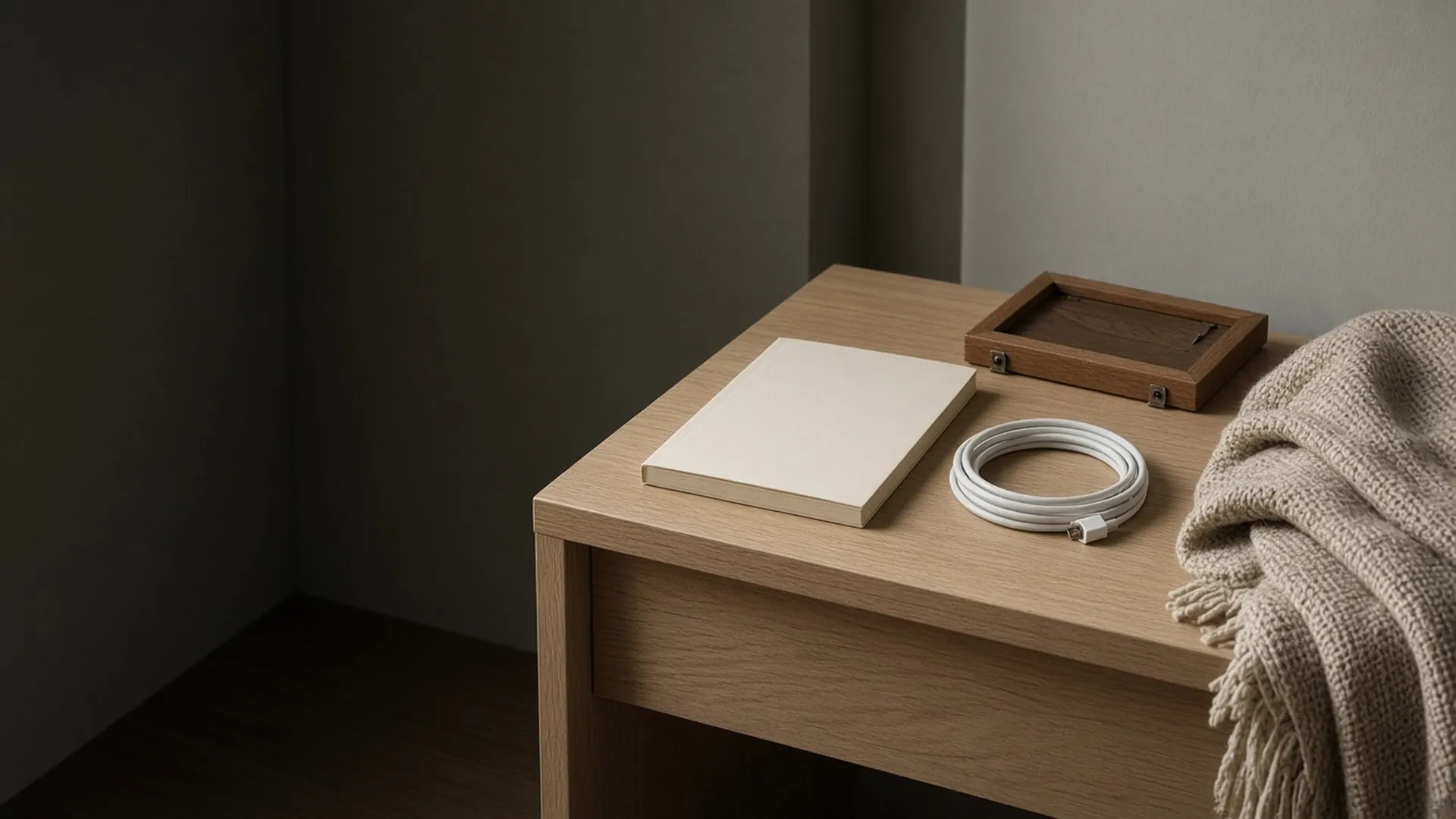 A coiled cable, a blank-cover paperback, and a flat wooden frame on a bedside table