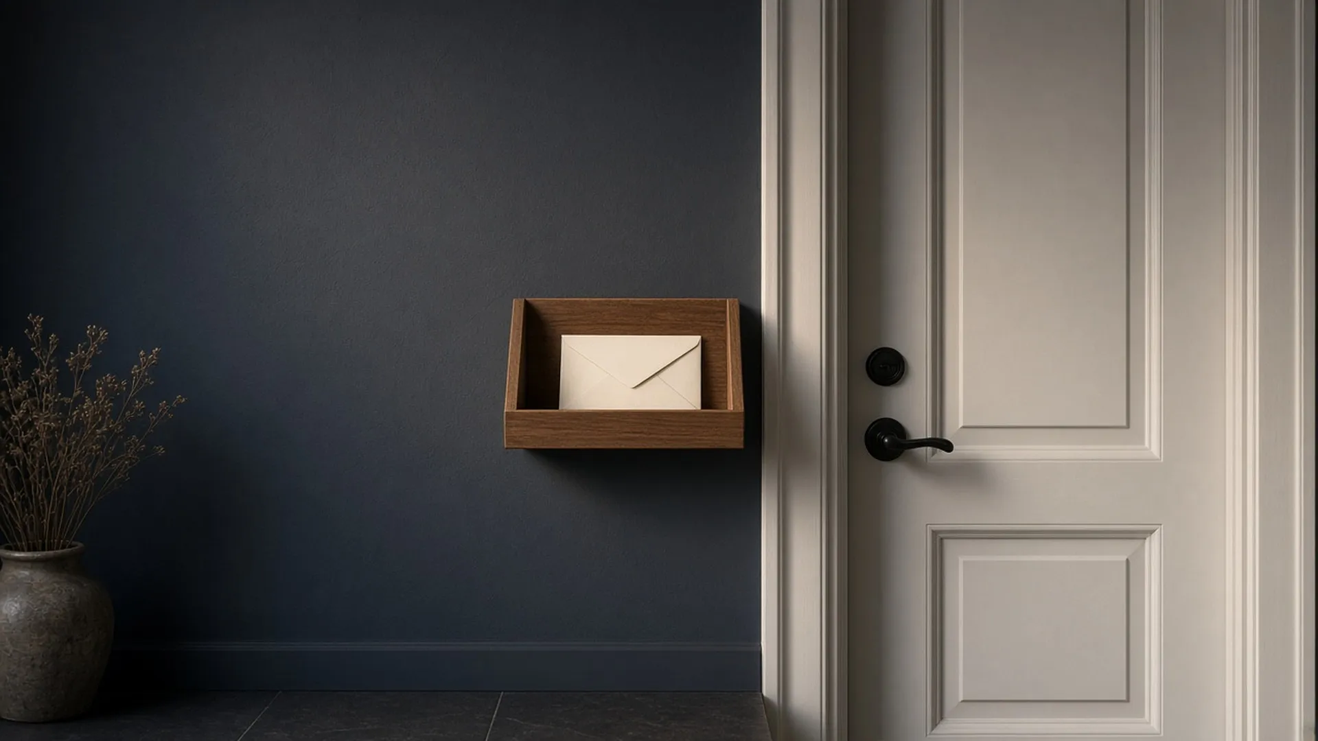 A sealed plain envelope in a wooden mail tray beside a front door at dusk