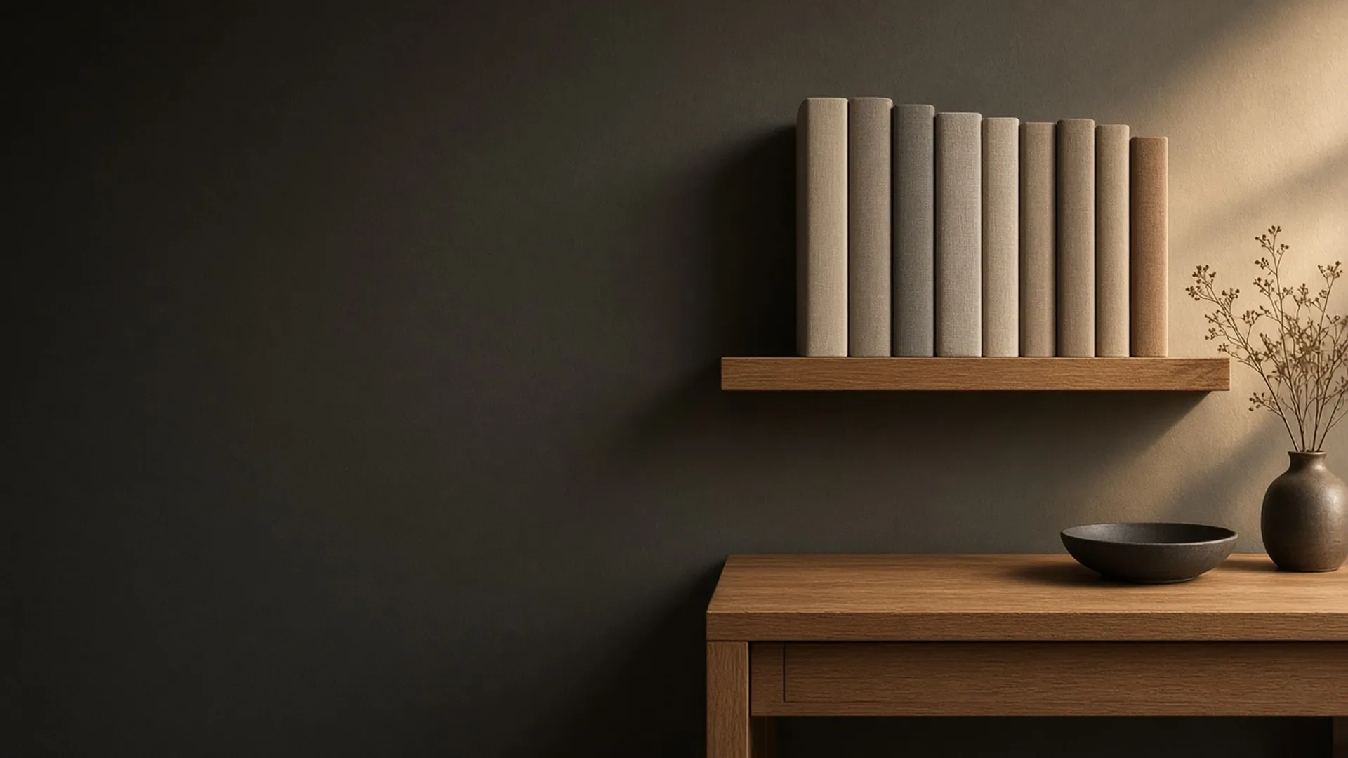 A shelf of plain hardback books with blank spines above a quiet desk
