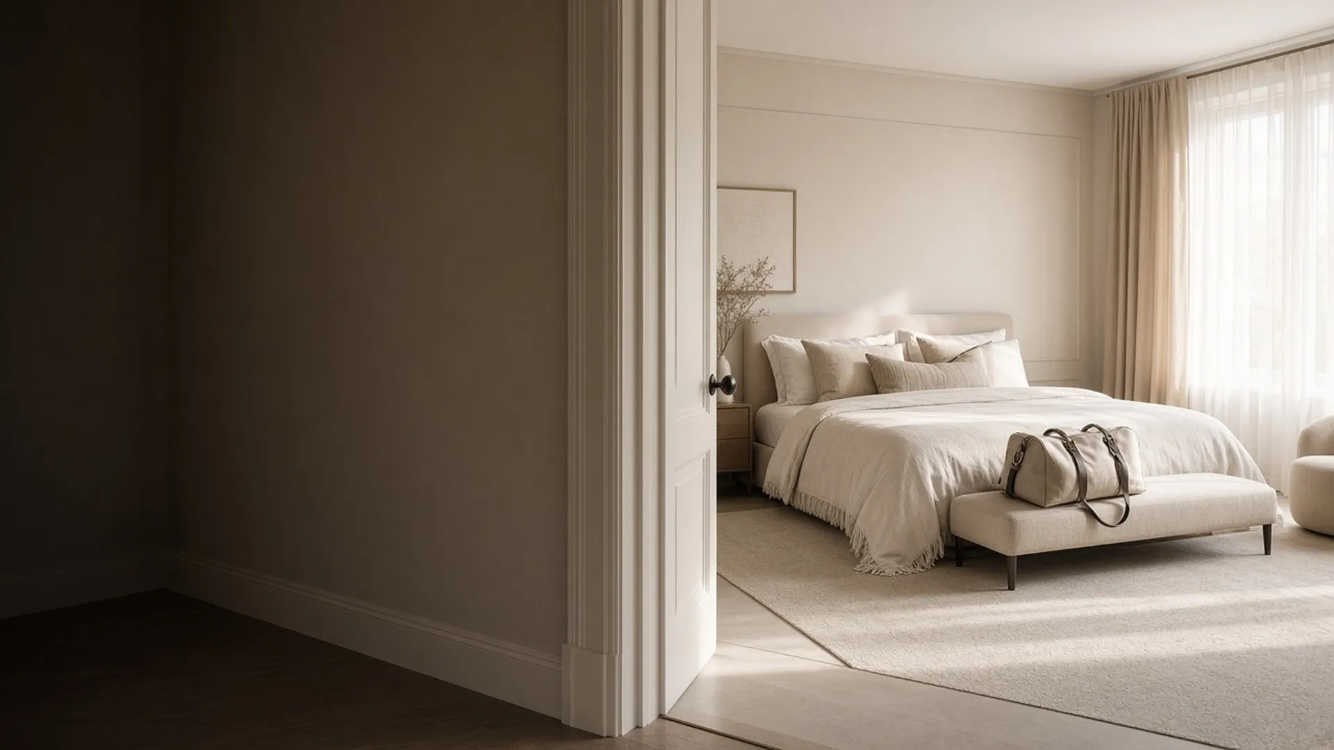 An open doorway onto a tidy bedroom with a packed bag at the bed end