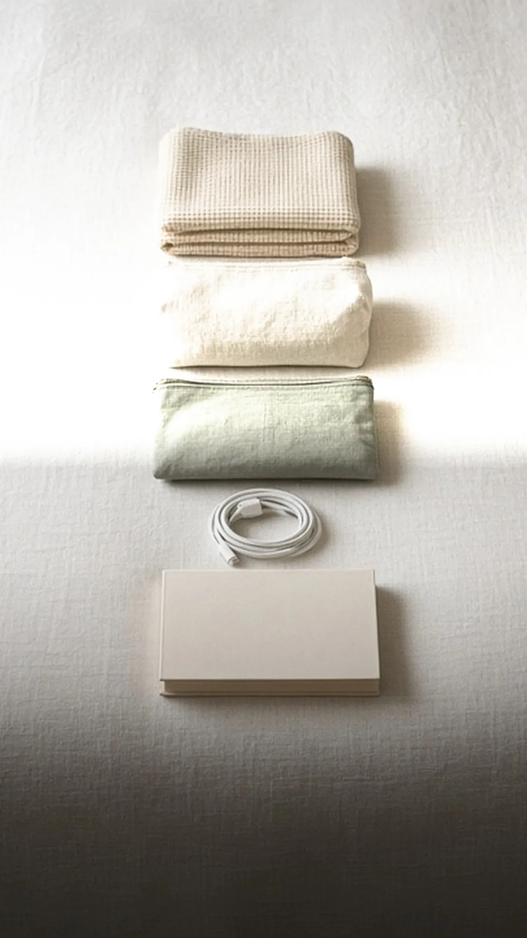 Five small groups of packing items laid out on a white bedspread in daylight