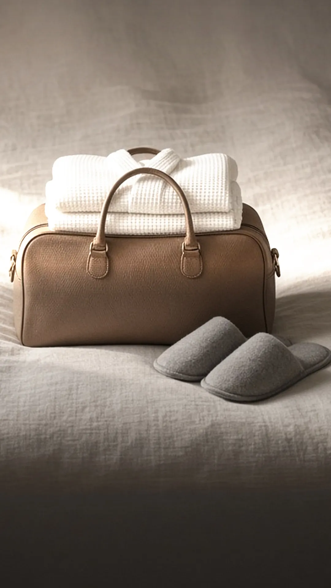 A packed brown bag with a folded white robe on top and grey slippers on linen