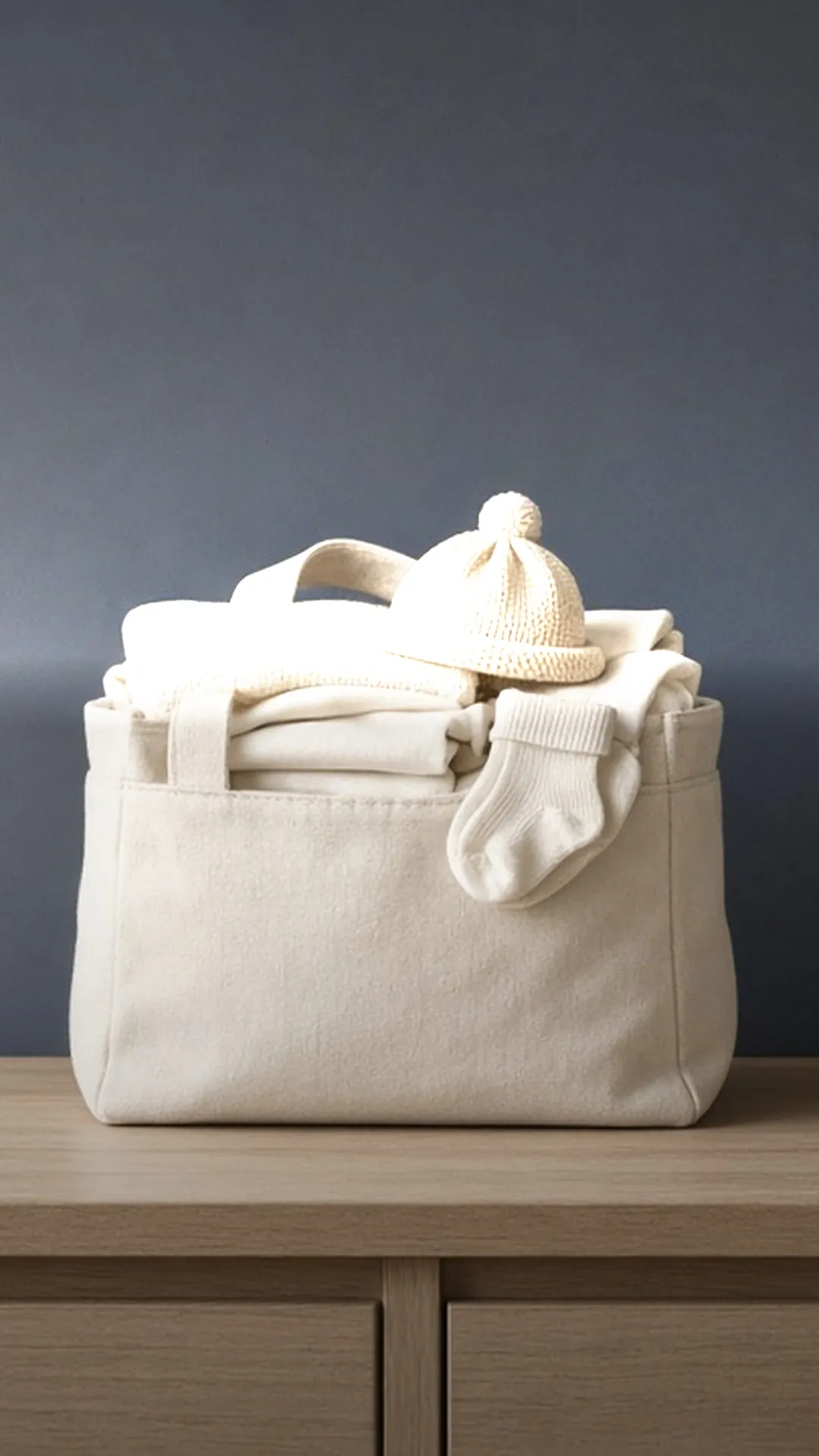 A small open bag with folded cream baby clothes, a knit hat, and socks