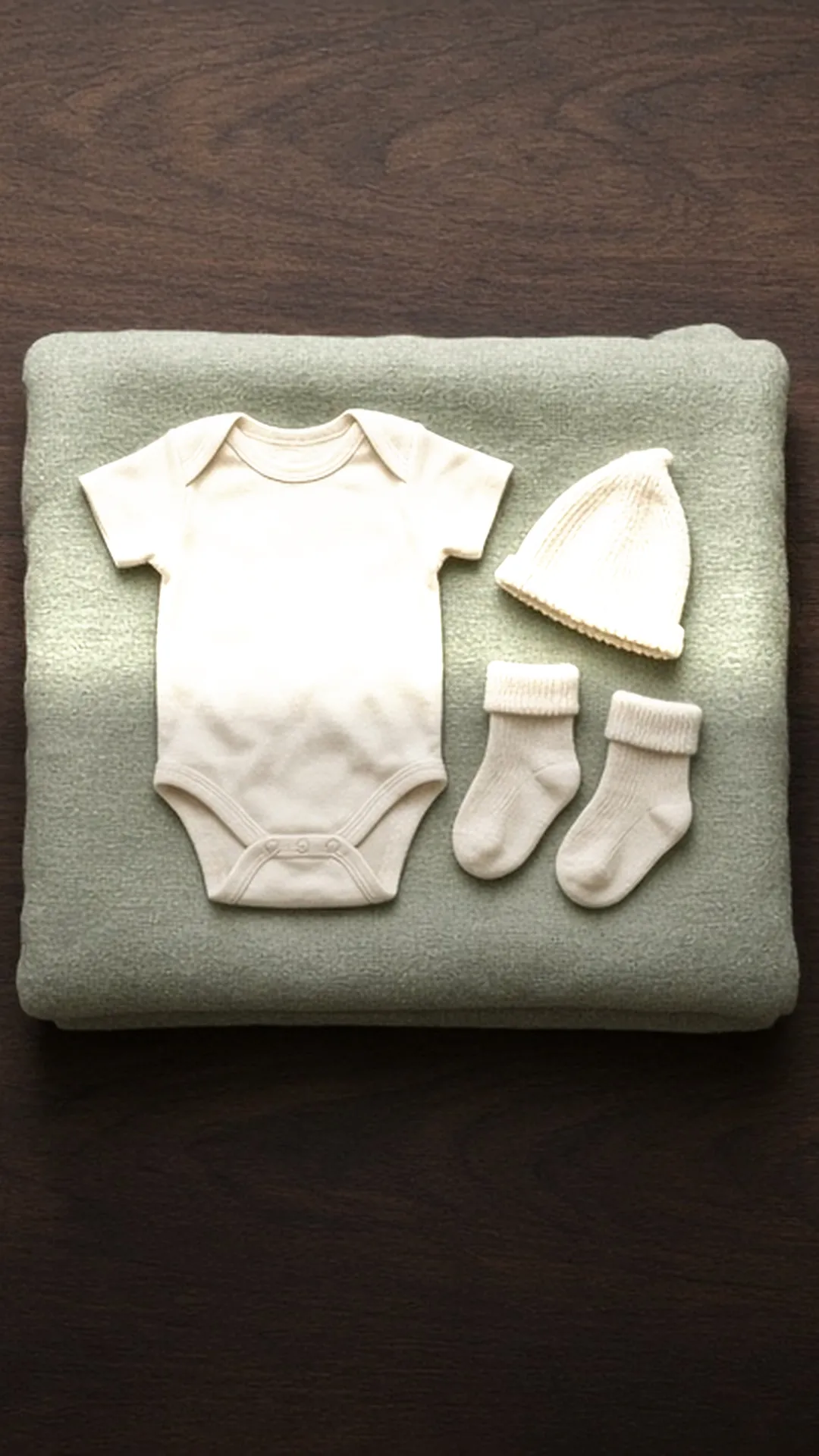 A cream baby outfit, knit hat, and small socks laid on a sage blanket