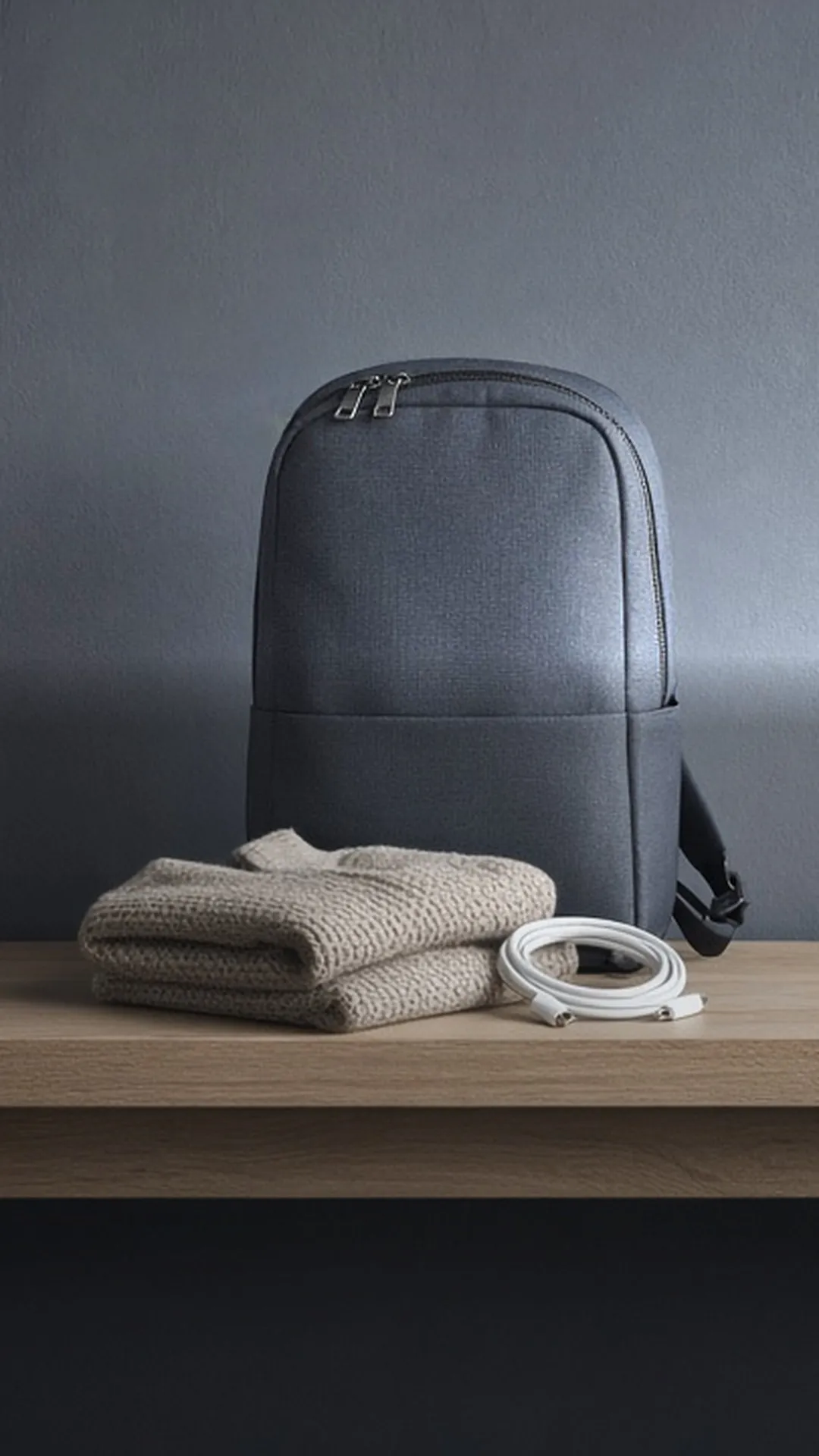 A zipped grey backpack beside a folded sweater and a coiled cable on a bench