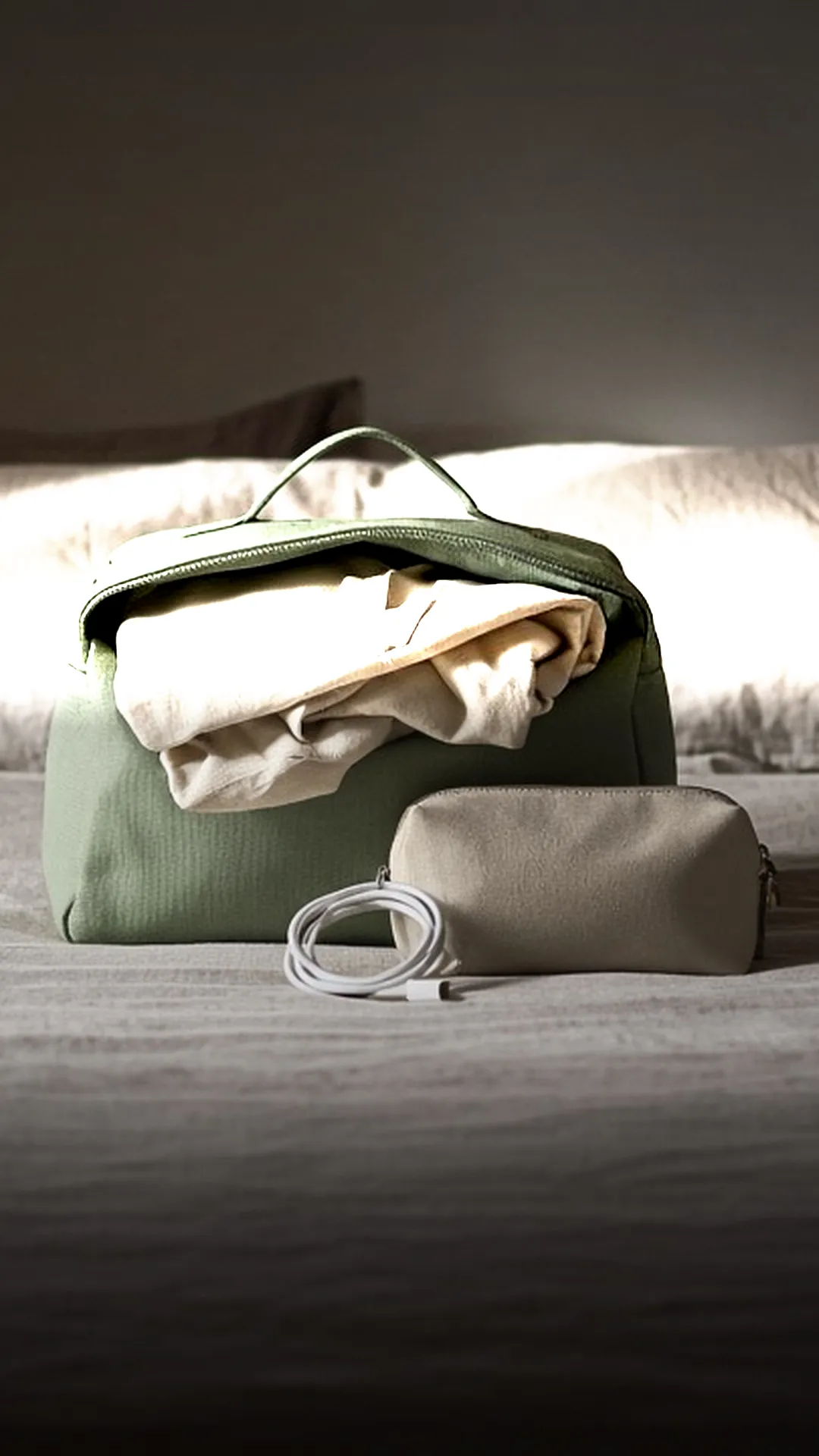 A small overnight bag on a made bed with an outfit, pouch, and charger