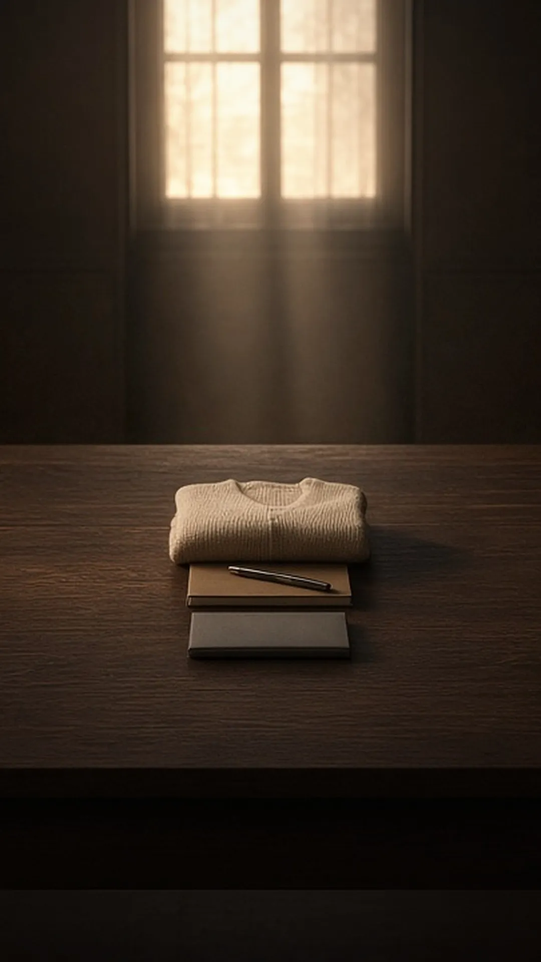 A closed notebook, a pen, a document pouch, and a cardigan on a kitchen table