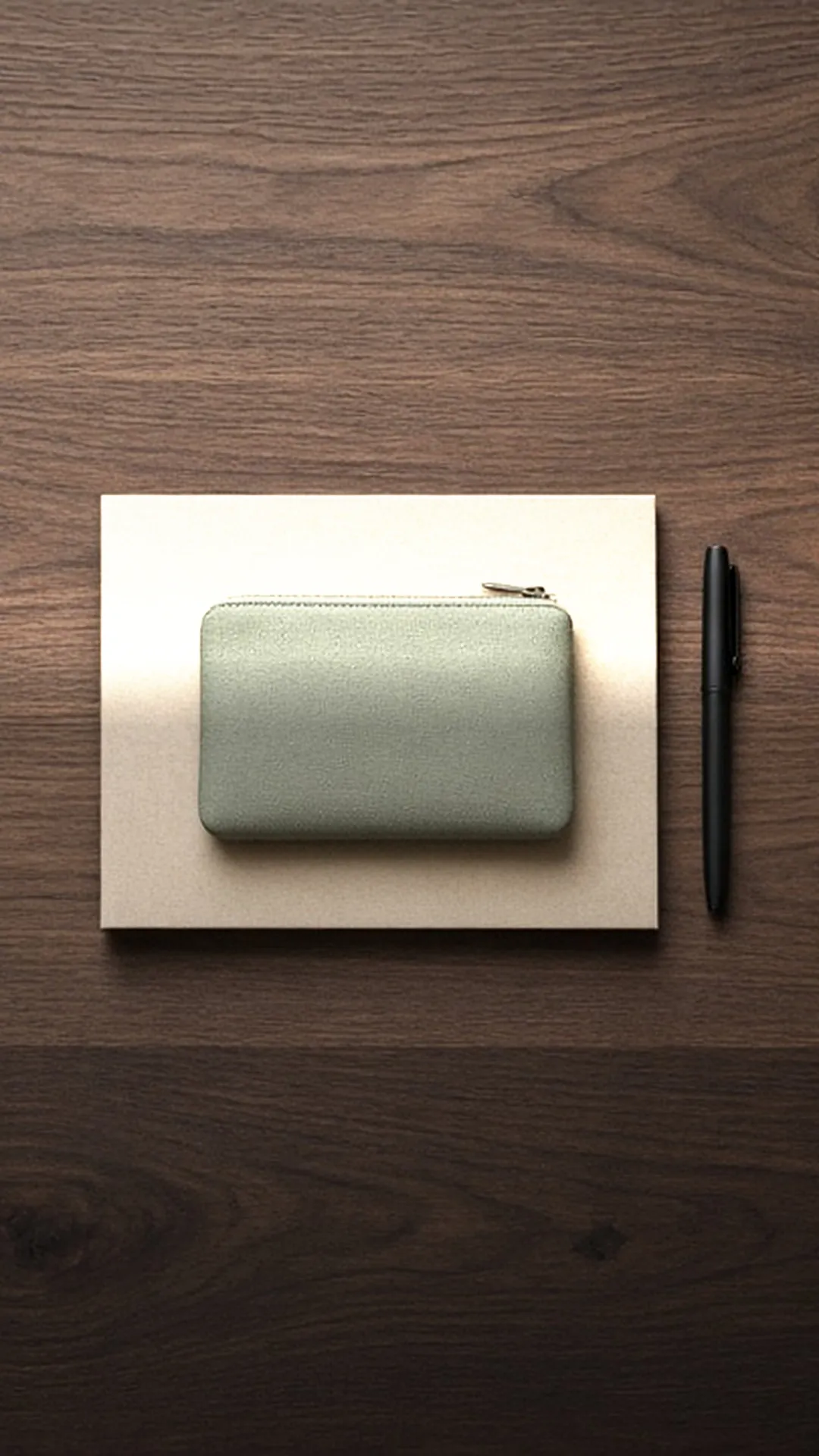 A sage zip pouch on a closed pale folder beside a pen on a dark desk