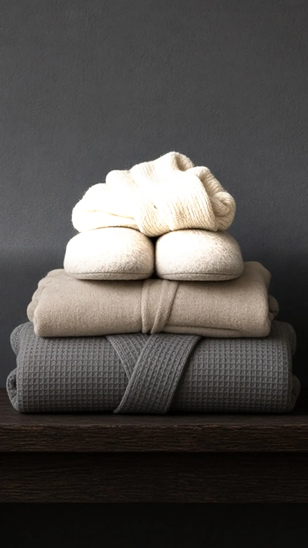 Knit socks and slippers on a folded outfit and a grey robe on a dark shelf