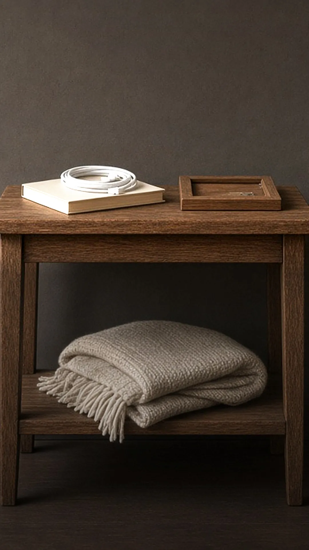 A coiled cable, a blank-cover paperback, and a flat wooden frame on a bedside table