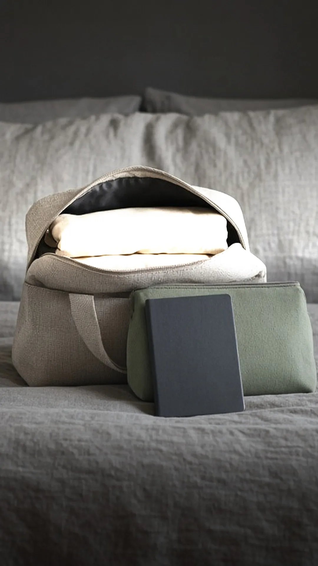 An open bag on a made bed with folded clothes, a pouch, and a notebook