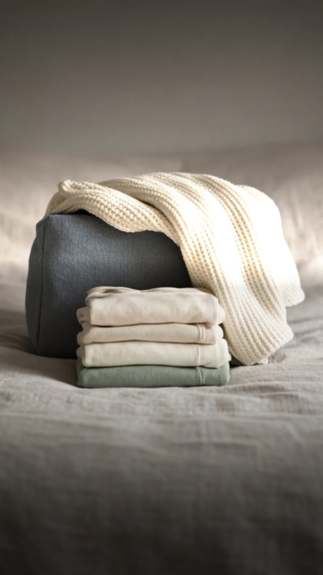 Folded cream baby clothes and a knit blanket beside a packed bag on linen