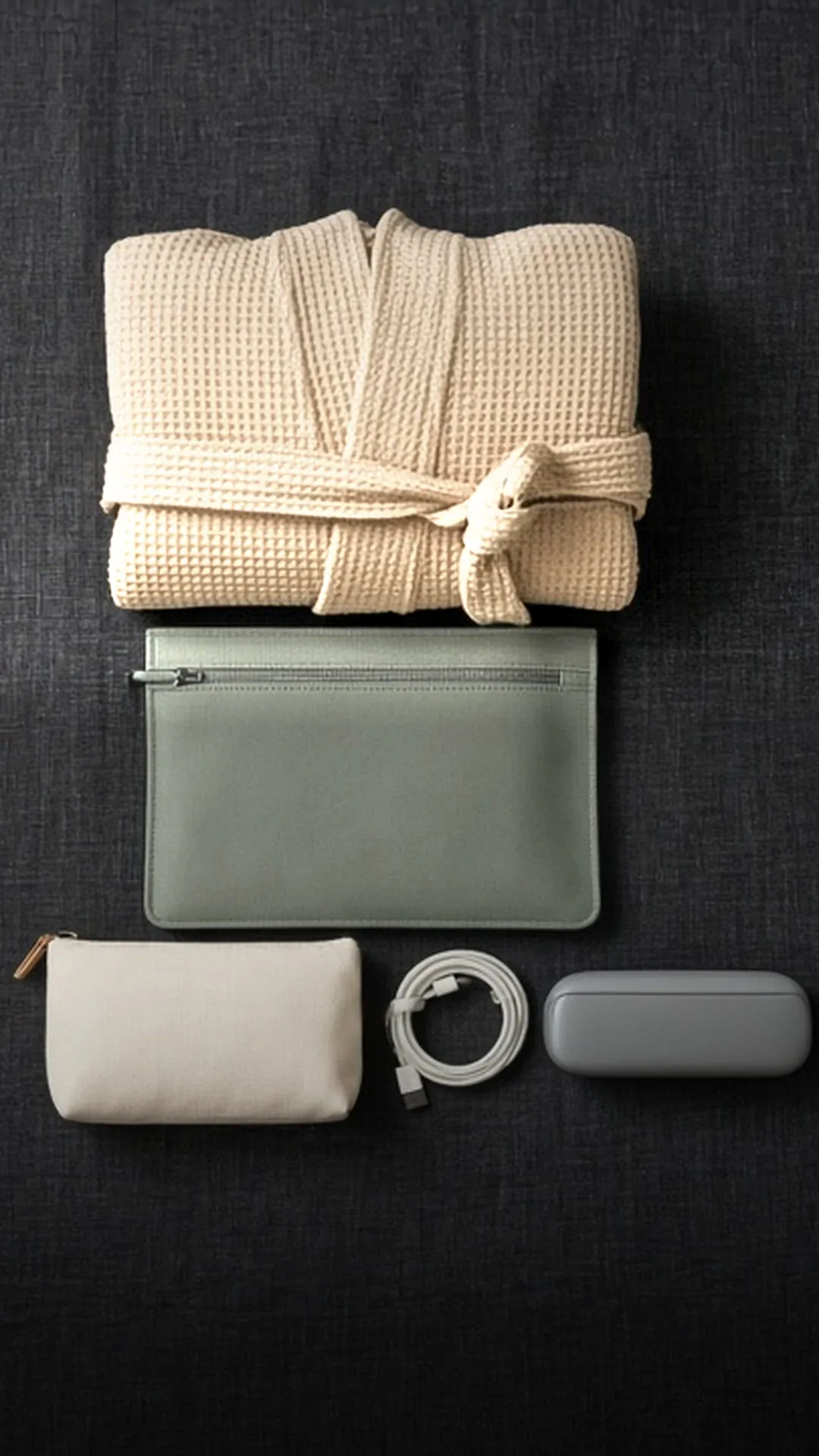A document pouch, folded robe, toiletry pouch, charging cable, and glasses case on linen