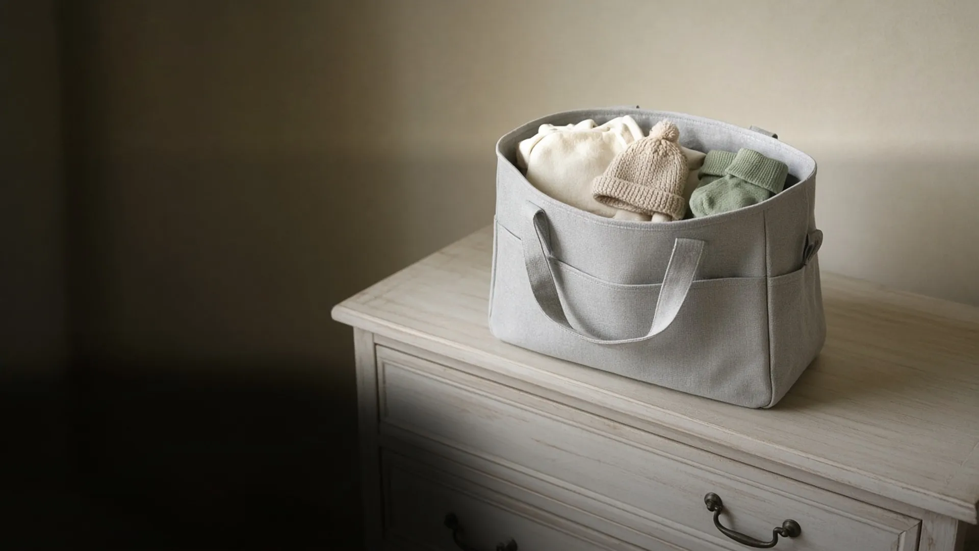 A small open bag with folded cream baby clothes, a knit hat, and socks