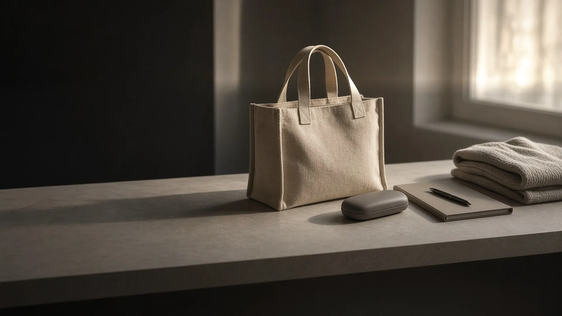 A small bag, a glasses case, a closed folder, and a cardigan on a table